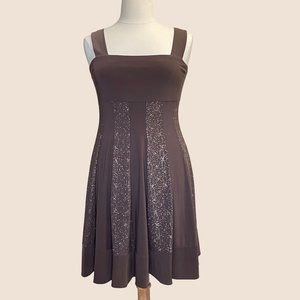 R&M Richards Womens Swing Dress 16 Brown Gold Glitter Insets Straps Empire Waist